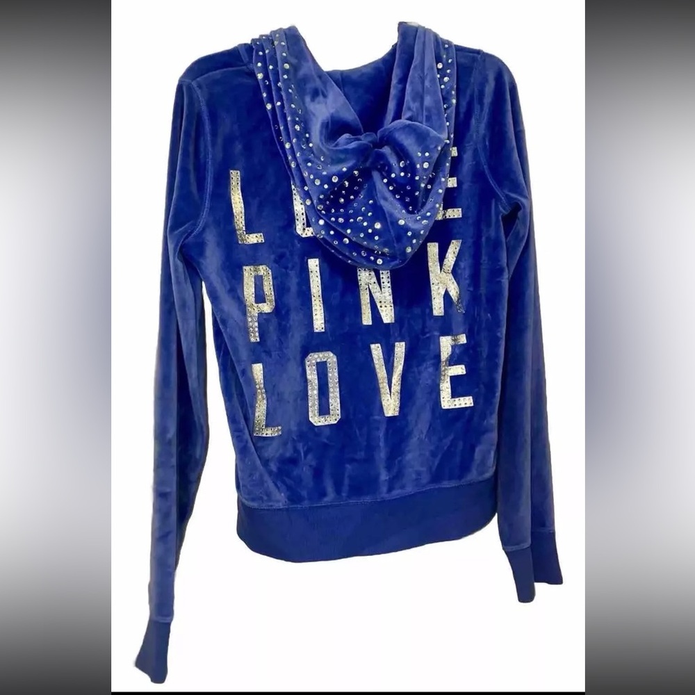 PINK Victoria’s Secret Bling blue sequined velour zip-up size M, Y2K hoodie